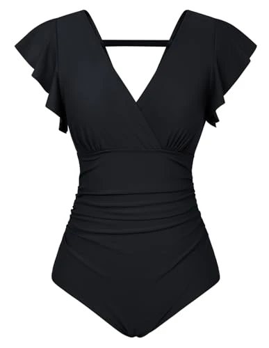 Women's One Piece Swimsuit Tummy Control Swimsuits V Neck Wrap Bathing Suits Ruched Ruffle Swimwear, Black, Medium