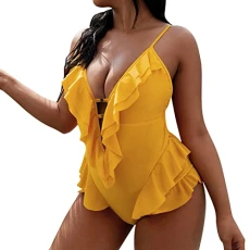 Women's One Piece Swimsuit V-Neck Halter Print Sexy Hollow Bikini Push Up Slimming Swimwear Monokini Sexy Slimming Bikini Tropical Print Vintage Swimsuit, Yellow, L