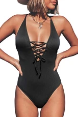 Women's One Piece Swimsuit V Neck Lace Up Beach Swimwear Solid Textured Bathing Suit Swimming Costume Black L