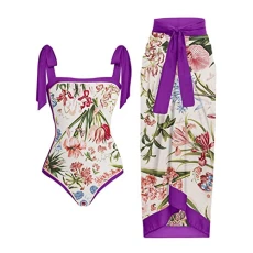 Womens One Piece Swimsuits Vintage Print Tankini for Women Ladies Swimming Costumes Monokini Swimsuits Tummy Control Swimwear Plus Size Modest Swimwear with Beach Coverups(2 Piece)