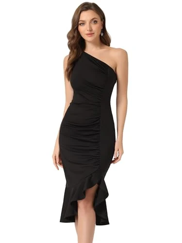 Women's One Shoulder Dress Sleeveless Ruched Party Fishtail Midi Dresses Black L