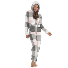 Womens Onesie Ladies Check Print All In One Luxury Tartan Print Fleece Hooded Pyjamas Pjs Pink Size UK 8-10