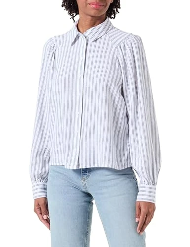 Women's Onlcaro L/S Linen Bl Puff Shirt CC PNT Long Sleeve Blouse, Bright White/Stripes: Naval Acade