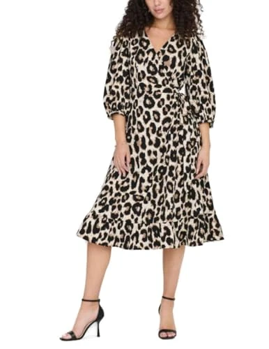 Women's Onlolivia 3/4 Wrap Midi Dress WVN Noos, Cloud Dancer/AOP: Hula Leo, L