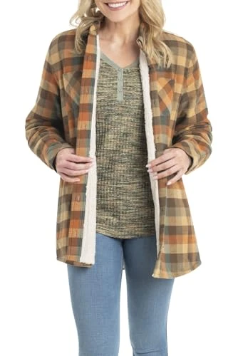 Women's Open Country Flannel Shacket Sherpa Lined Plaid Fleece Shirt Jacket Ladies Western Clothing Coat, Rustic, XXL