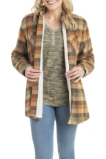 Women's Open Country Flannel Shacket Sherpa Lined Plaid Fleece Shirt Jacket Ladies Western Clothing Coat, Rustic, XXL