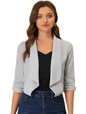 Women's Open Front 3/4 Ruched Sleeve Cardigan Shawl Lapel Bolero Shrug Grey M-12