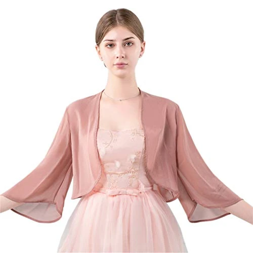 Womens Open Front 3/4 Sleeve Shrug Evening Wedding Party Chiffon Cardigan Bolero Crop Top (Pale Mauv