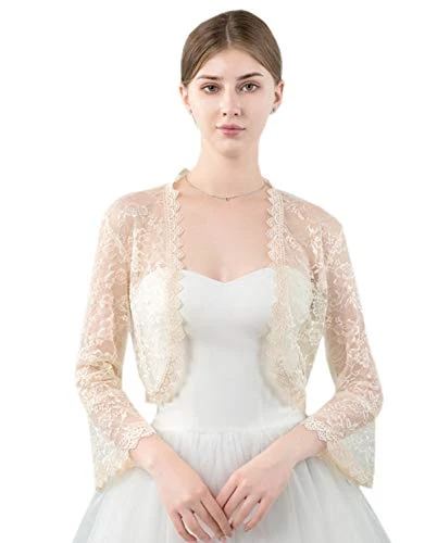 Womens Open Front 3/4 Sleeve Shrug Evening Wedding Party Lace Cardigan Bolero Crop Top (Champagne)