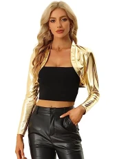 Women's Open Front Bolero Shurgs Long Sleeves Holographic Shiny Party Cropped Metallic Cardigan Gold XL Women's Open Front Bolero Shurgs Long Sleeves Holographic Shiny Party Cropped Metallic Cardigan Gold XL