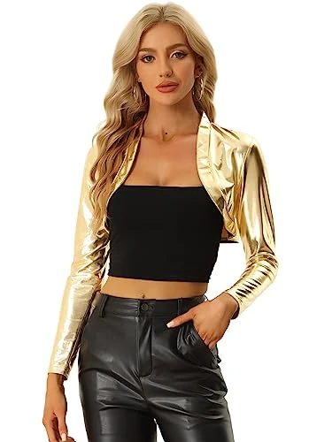 Women's Open Front Bolero Shurgs Long Sleeves Holographic Shiny Party Cropped Metallic Cardigan Gold XL