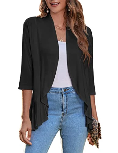 Women's Open Front Cardigan 3/4 Sleeve Draped Ruffles Soft Knit Sweaters S-3XL, Black, Medium