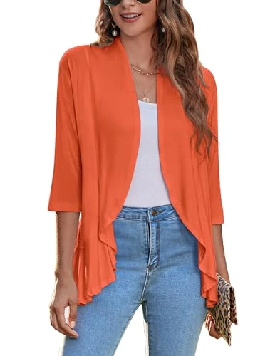 Women's Open Front Cardigan 3/4 Sleeve Draped Ruffles Soft Knit Sweaters S-3XL, Bright Orange, XL