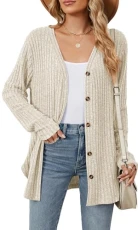 Women's Open Front Cardigan Ribbed Sweater Oversized Knitwear Women Draped Sweaters Coat with Buttons Casual Long Sleeve Knitted Cardigans for Women Apricot S