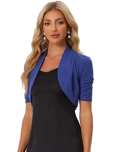 Women's Open Front Cardigan Short Sleeve Ruched Cropped Bolero Shrug Royal Blue XL