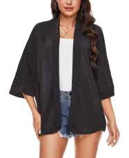 Womens Open Front Cardigans Chiffon Kimono Cover-Ups Loose Blouse Tops Summer (Black XL)