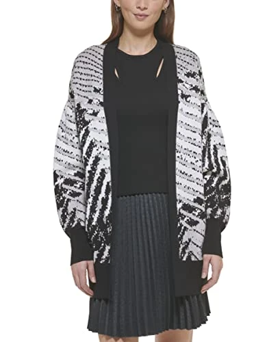Women's Open Front Drop Shoulder Checked Cardigan Sweater, Black/Ivory/Flint Heather Grey, XS
