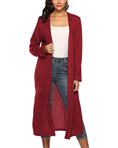 Womens Open Front Knit Long Cardigan Color Warm Long Sleeve Sweater Coat Top Red 3XL