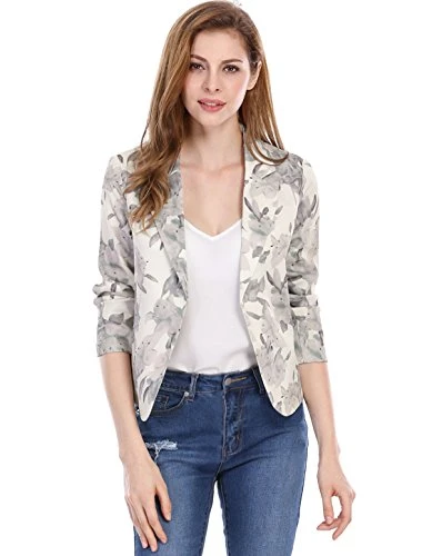 Women's Open Front Office Work Business Crop Suit Blazer Jacket Beige-Floral 16