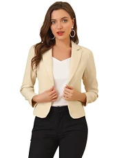 Women's Open Front Office Work Business Crop Suit Blazer Jacket Beige-Solid 12