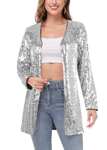 Women's Open Front Sequin Coat Las Vegas Blazer Party Club Cocktail Jacket Outerwear, Silver, X-Larg