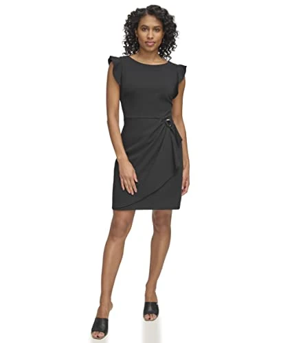 Women's Open Sleeve Ruched Sheath Dress, Black, 10