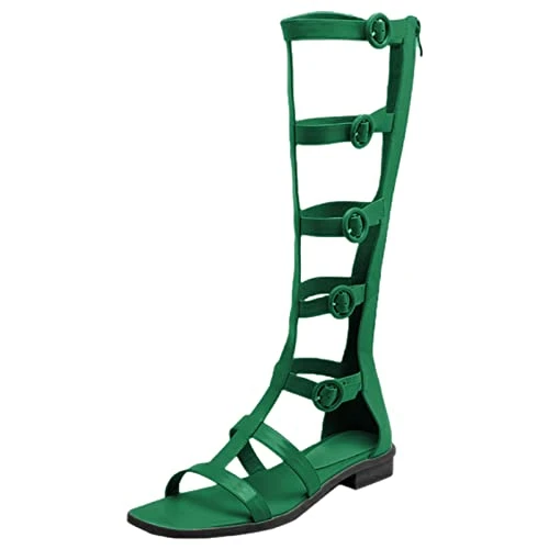 Women's Open Toe Adjustable Strappy Sandals Knee High Gladiator Roman Sandals Boots with Zipper Gree