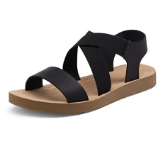 Women's Open Toe Elastic Ankle Strap Flat Summer Sandals,Size 6.5,BLACK,ELENA-2