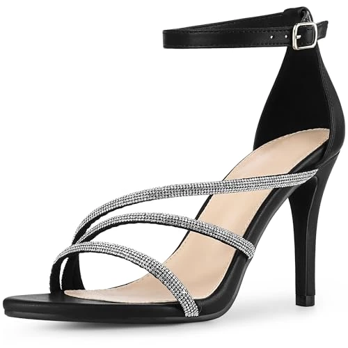 Women's Open Toe Rhinestone Strappy Ankle Strap Stiletto Heels Sandals Black 4 UK/Label Size 6 US