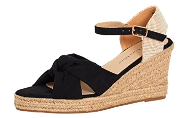 Womens Open Toe Wedge Sandals Espadrille Wedges Strappy Hessian Ankle Wrap Shoes Black UK 5