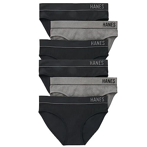 Women's Originals Seamless Stretch Rib Bikini Panties Pack, Assorted Colors, 6-Pack Style Underwear, 4 Black/2 Heritage Grey Marle, M (Pack of 6)