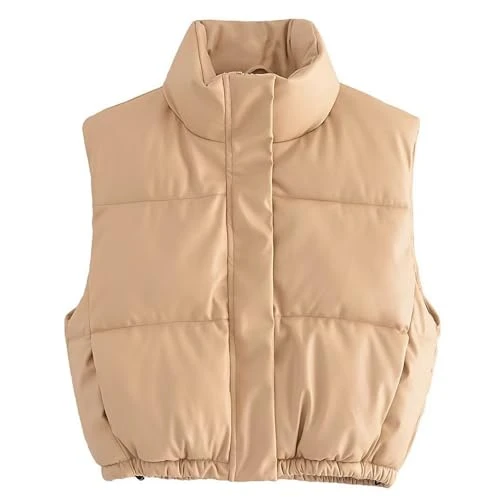 Women's Outwear Vest Down Cotton Vest Stand Collar Lightweight Sleeveless Thickened Jacket Vest Khak