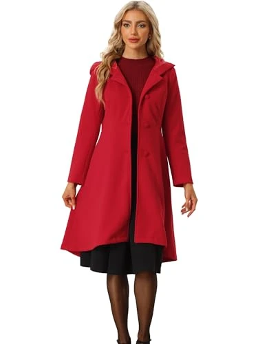 Women's Overcoat Single Breasted Pockets A-Line Warm Hooded Winter Coat, Red, L