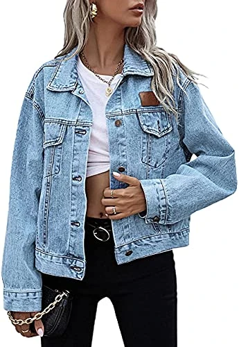 Women's Oversize Denim Jacket Long Sleeve Basic Button Down Washed Jean Jackets (16, Light Blue)