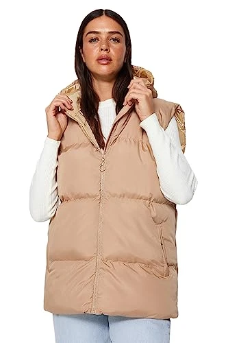 Women's Oversize Puffer Hood Woven Vest Gilet, Beige, M