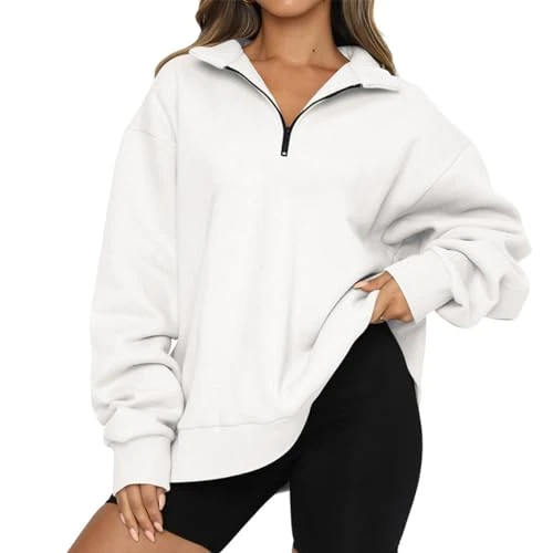 Women's Oversize Sweatshirt Half Zip Pullover Long Sleeve Casual Workout Top Y2K Clothes for 2024 - White
