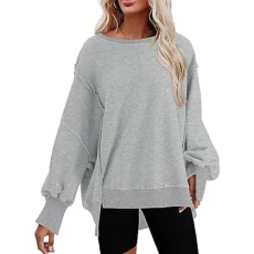 Women's Oversize Sweatshirt Long Sleeve Crew Neck Pullover Top Casual Slit Fall Clothes for 2024 - Grey