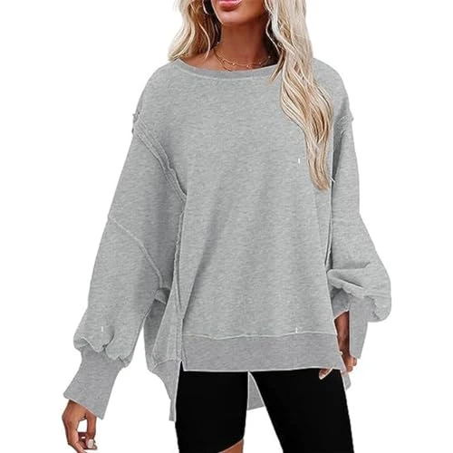 Women's Oversize Sweatshirt Long Sleeve Crew Neck Pullover Top Casual Slit Fall Clothes for 2024 - Grey