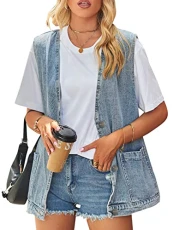 Womens Oversized Denim Gilet Baggy V Neck Denim Waistcoat Button Down Sleeveless Jean Jacket Distres