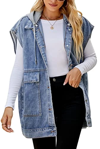 Women's Oversized Denim Gilet Distressed Baggy Hooded Denim Waistcoat Button Down Sleeveless Jean Ja