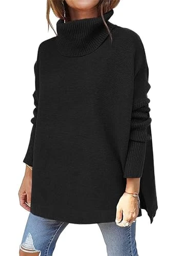 Womens Oversized Long Batwing Sleeve Turtleneck Sweater Jumper Knitwear Women High Roll Neck Knitted Pullover Tops Blouse UK Size 2XL Black