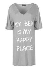 Womens Oversized My Bed Happy Place V-Neck Tops Grey Plus Size (UK 20/22)