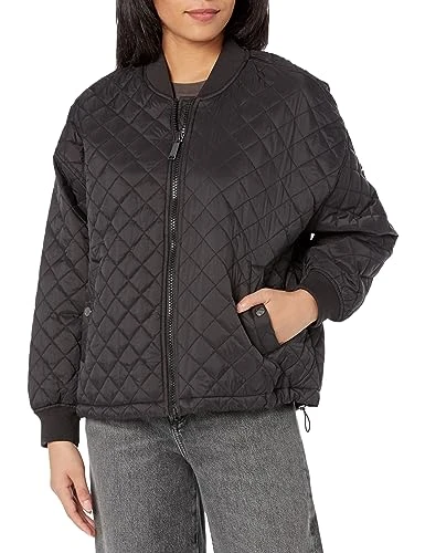Women's Oversized Quilted Bomber Jacket Hooded Anorak, Black/Matte, L