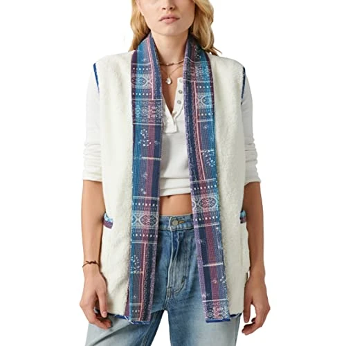 Women's Oversized Quilted Vest, Antique White Multi, M