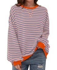 Womens Oversized Striped Sweatshirt Casual Color Block Long Sleeve Y2K Shirt Top Crew Neck Loose Pullover Tops,Pink Blue & Orange，Large