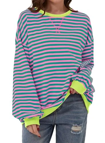 Womens Oversized Sweatshirt Casual Striped Long Sleeve Y2K Shirts Tops Crewneck Colorblock Pullover Loose Jumpers Outfits Rose Size Medium 10 12