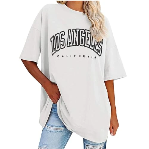 Women's Oversized T Shirts Short Sleeve Crewneck Summer Tops Letter Printed Drop Shoulder Tunics Blouses Casual Baggy Basic Tee Shirts Ladies Long Top Baseball Tshirts