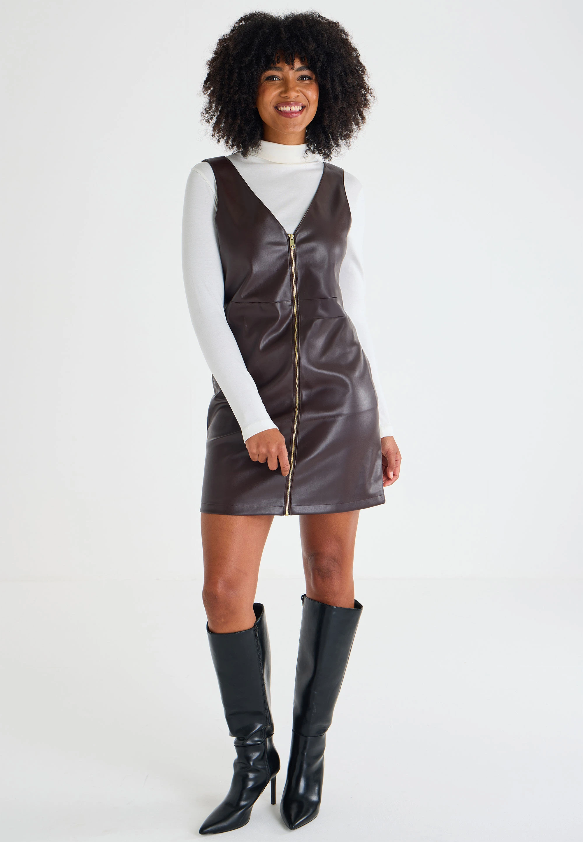 Womens Oxblood Zip Up PU Pinny Dress