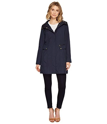 Women's Packable Hooded Rain Jacket with Bow Raincoat, Indigo, XL