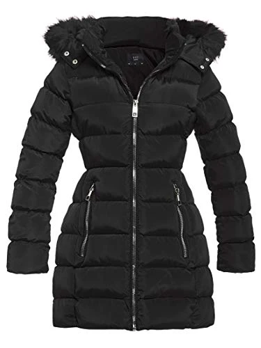 Women's Padded Faux Fur Hood Winter Parka Coat, Sizes 8 to 16 (UK - 14, Black)